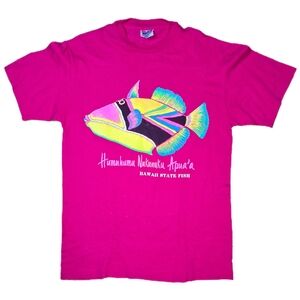 Vtg Hawaiian State Fish Sz M T-Shirt Humuhumu Nukunuku Apua'a Hanes Beefy T USA